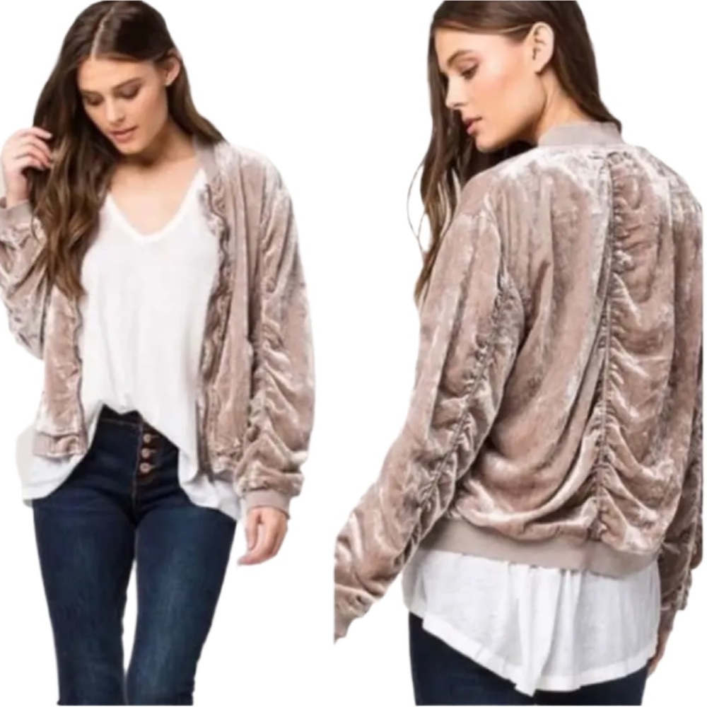 Free People Women’s Ruched Crushed Velvet Bomber Jacket - size XS